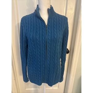LL Bean Cardigan Fisherman Sweater Women's Lg Teal Cable Knit Full Zip Chunky